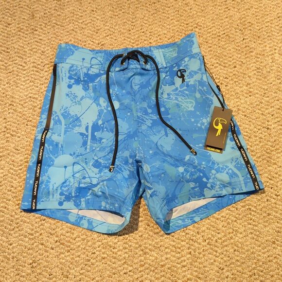 Tucann Swim Shorts Trunk Mens Small Blue Splatter Print Lined Beach Pool Summer - Picture 1 of 9
